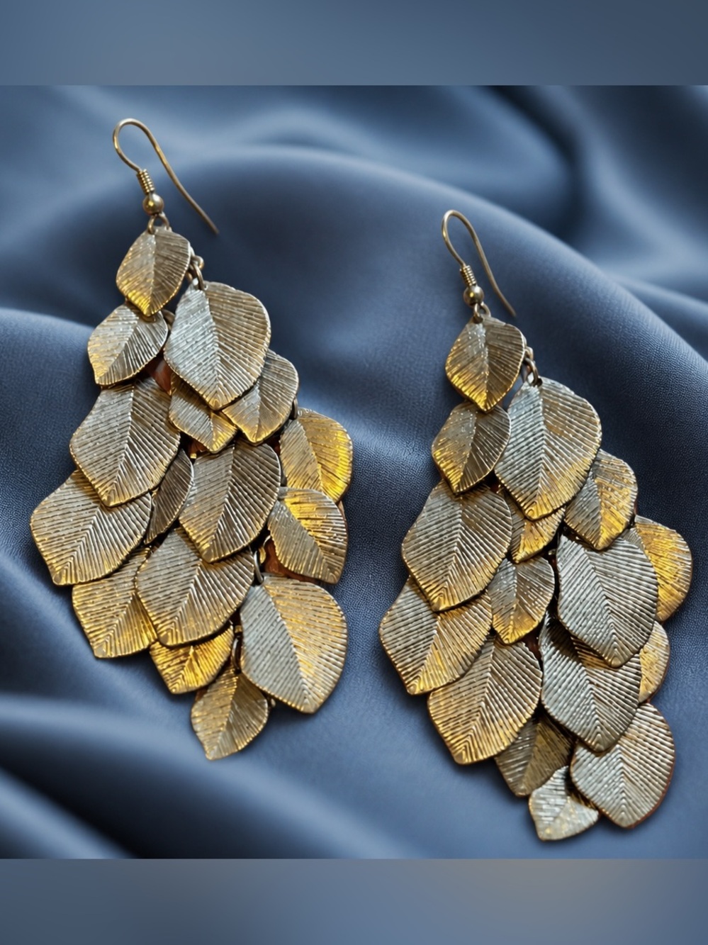 Silver Leaf Cluster  Statement Earrings 3" long